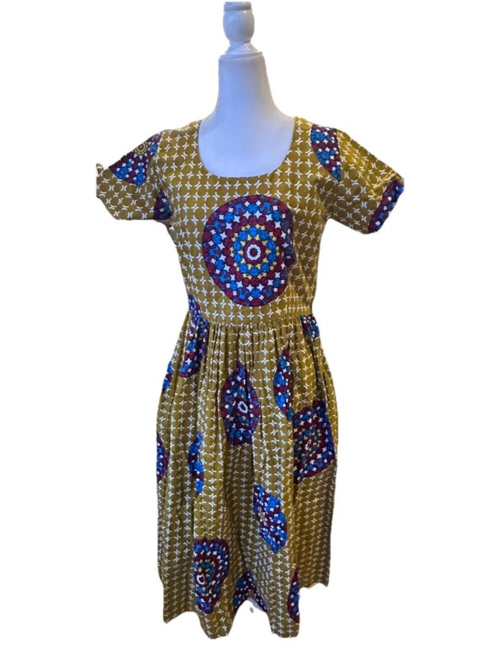 Handmade African Ankara Print Global Folk Art Midi Dress Medium